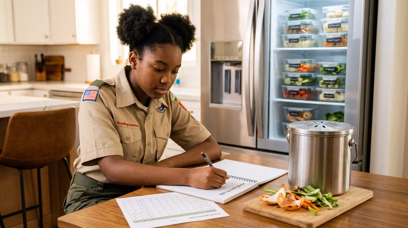 A Scout at a kitchen table logging food waste in a notebook, with a small compost bin and organized refrigerator visible in the background