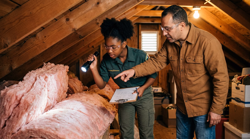 A Scout with a parent examining insulation in an attic space, with a clipboard and flashlight, inspecting the home's energy efficiency