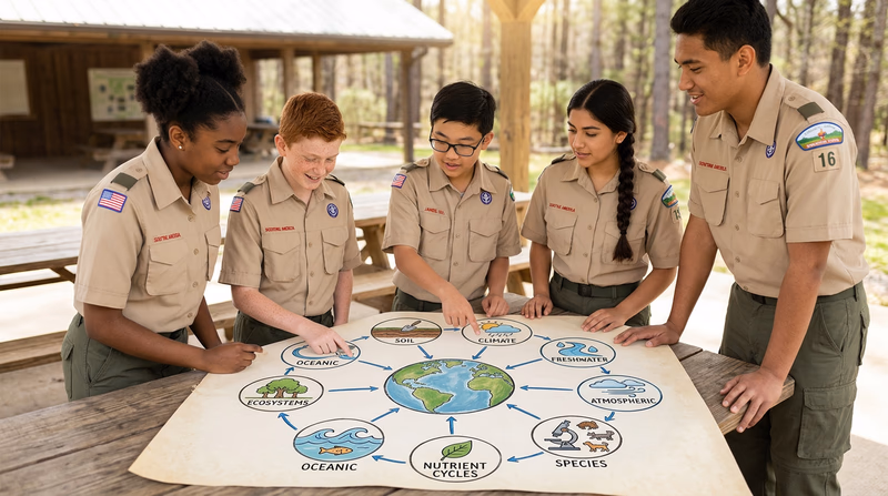 An illustrated web diagram showing Earth's eight life-support systems connected by arrows, demonstrating their interactions, with Earth at the center