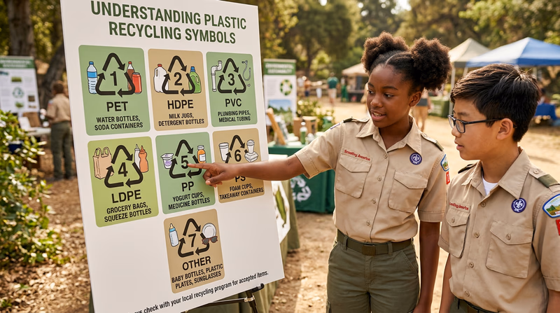 A clear illustration showing the seven plastic recycling symbols with their numbers, names, and common product examples