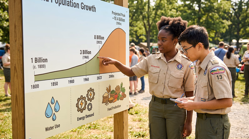 An illustrated timeline showing world population growth from 1800 to projected 2100, with icons representing key milestones and resource consumption alongside