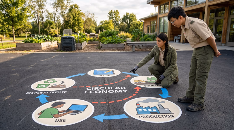 A circular diagram showing the five stages of a product life cycle — Design, Sourcing, Production, Use, Disposal/Reuse — with icons for each stage and arrows connecting them in a loop