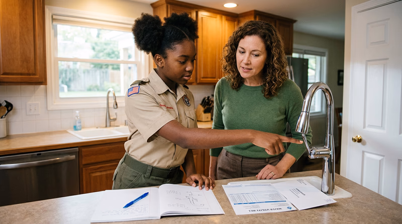 A Scout inspecting a kitchen faucet with a parent, with a water bill and notebook on the counter beside them