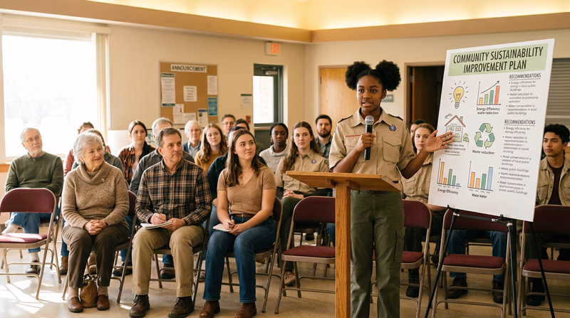 A Scout presenting a poster about a sustainability plan at a community meeting, with audience members listening attentively