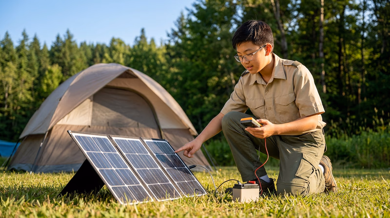 A Scout examining a small solar panel setup at a campsite, with trees and a tent in the background