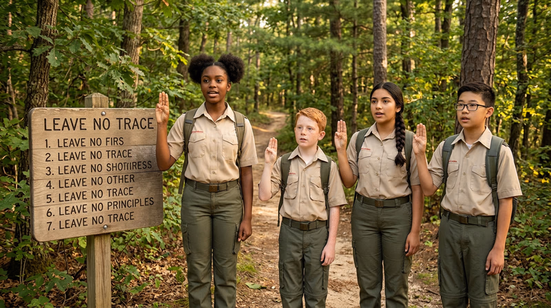 A group of Scouts reciting the Scout Oath at a trailhead before a hike, with a Leave No Trace principles sign visible nearby