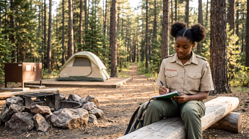 A Scout writing notes in a notebook while observing a well-organized campsite with a fire ring, proper food storage, and a trail leading into the forest