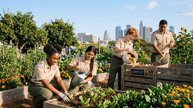 Scouts working together in a community garden, planting seedlings and composting, with a city skyline in the background