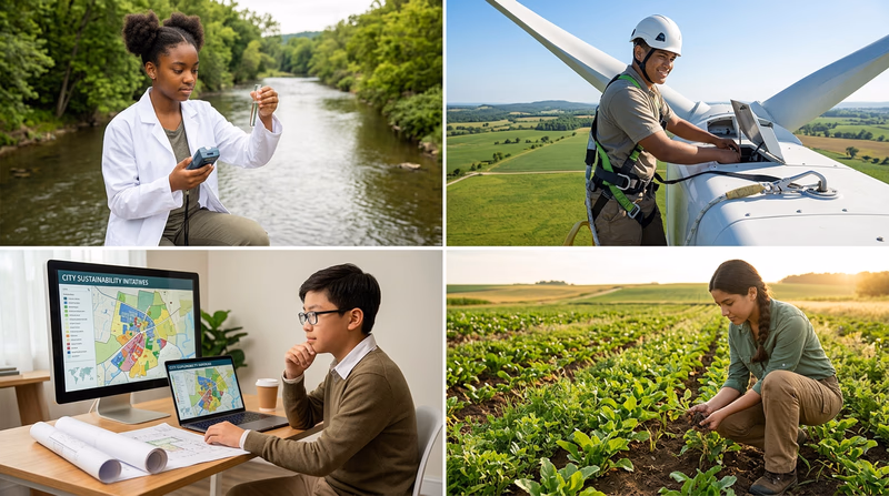A collage showing four sustainability career scenes — a scientist testing water quality, a technician on a wind turbine, a planner reviewing a city map, and a farmer in a sustainable field