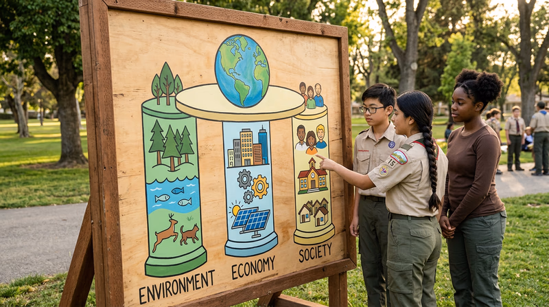 An illustrated diagram showing the three pillars of sustainability — Environment, Economy, and Society — supporting a balanced world