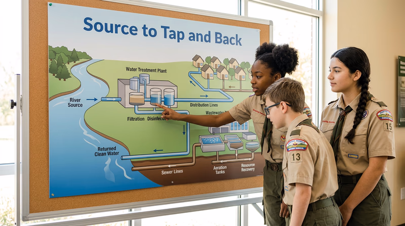 An illustrated cross-section showing the journey of water from a river through a treatment plant, to homes, then through wastewater treatment and back to the river