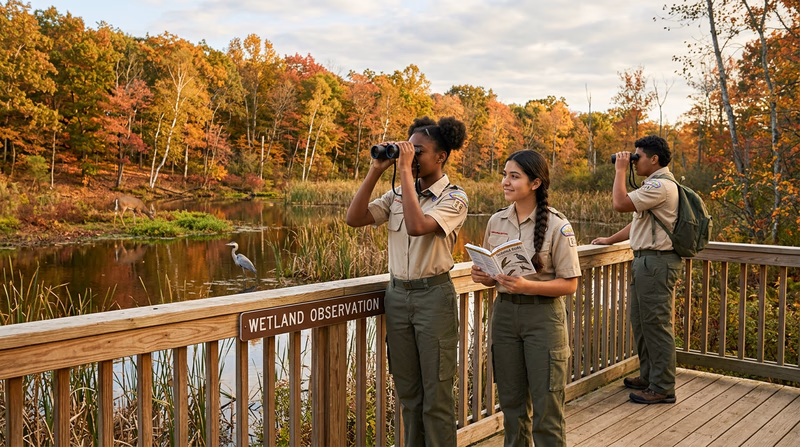A diverse group of Scouts observing wildlife at a nature reserve, using binoculars and field guides, with birds and a deer visible in the background
