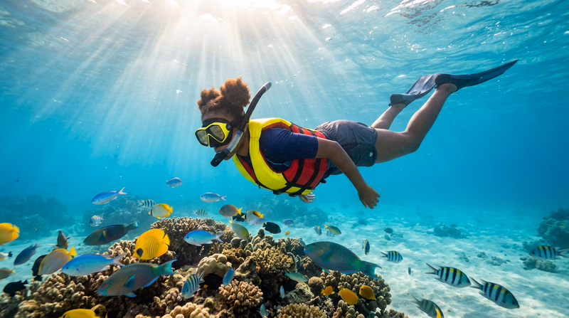A Scout snorkeling in clear water, looking down at colorful fish and a coral formation, wearing a mask and snorkel