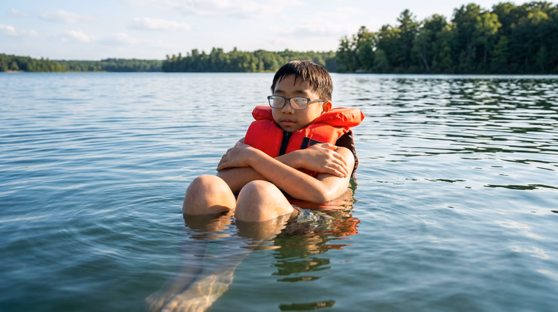 A Scout wearing a life jacket in the water demonstrating the HELP position — knees drawn to chest, arms crossed over chest, head above water