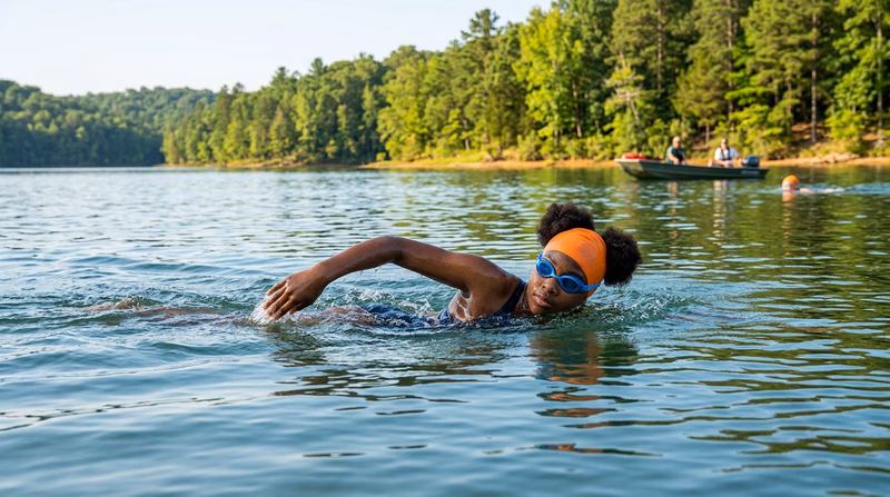 A swimmer in open water with a brightly colored swim cap, swimming parallel to a shoreline with gentle waves