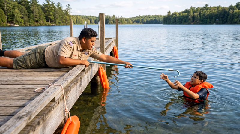 A Scout lying on a pool deck extending a shepherd's crook rescue pole to another person in the water, demonstrating a reaching rescue