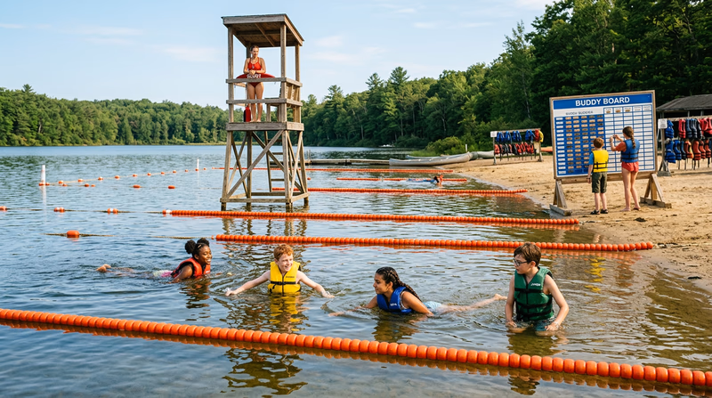 A lifeguard-style lookout watching swimmers from a raised position at a lake swim area with buoy markers dividing ability zones