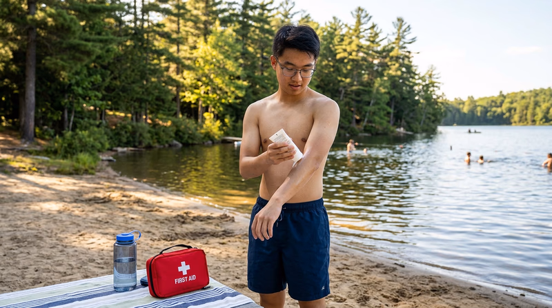 A Scout applying sunscreen before swimming at a lake, with a water bottle and first aid kit visible nearby