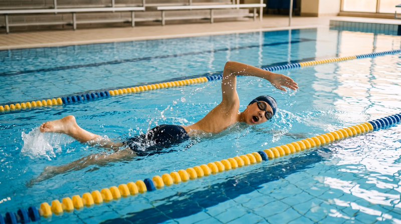 A Scout demonstrating the front crawl stroke in a pool, showing proper arm extension and body rotation with a lane line visible