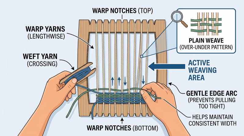 Homemade cardboard loom with warp and weft labeled while a narrow woven band is being made