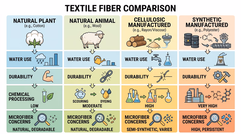 Visual comparison of ecological tradeoffs across plant, animal, cellulosic, and synthetic textile fibers