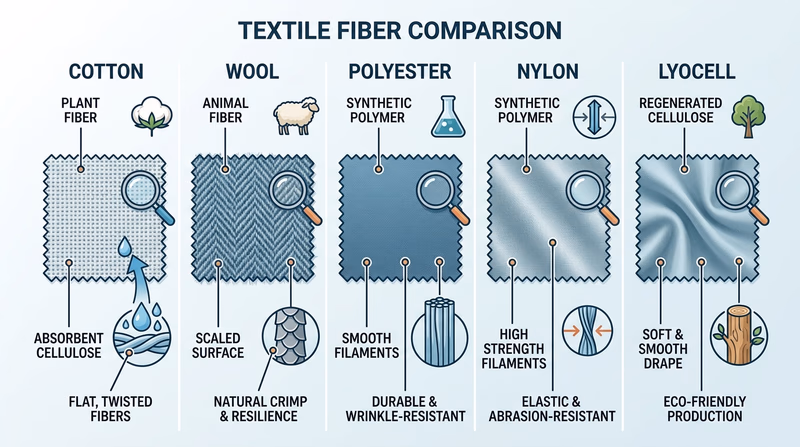 Labeled comparison of cotton, wool, polyester, nylon, and lyocell swatches showing different surface textures and drape