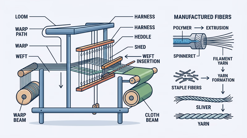 Diagram of loom parts and manufactured-fiber spinneret process paired with key textile terms