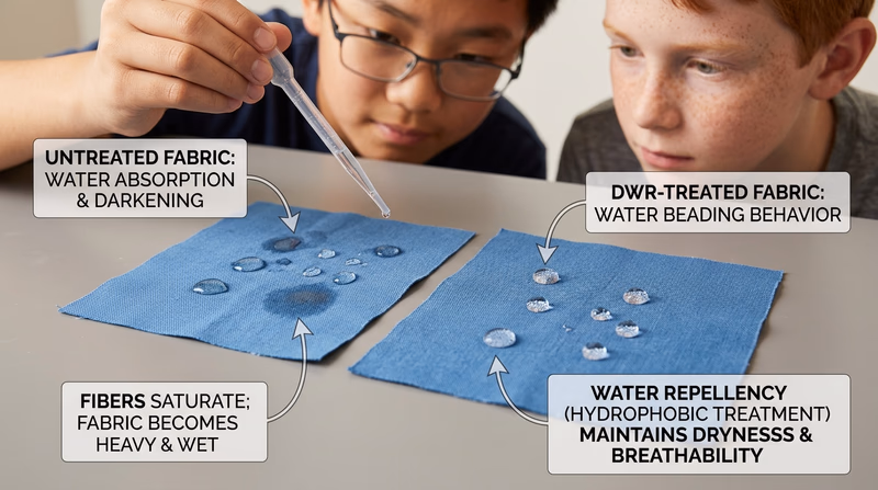 Comparison of treated fabric beading water and untreated fabric absorbing water droplets