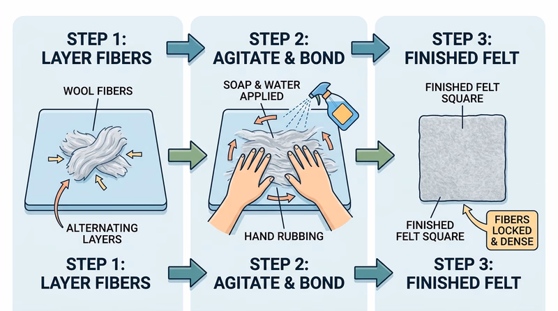 Three-step sequence showing loose fibers, wet felting process, and finished felt square