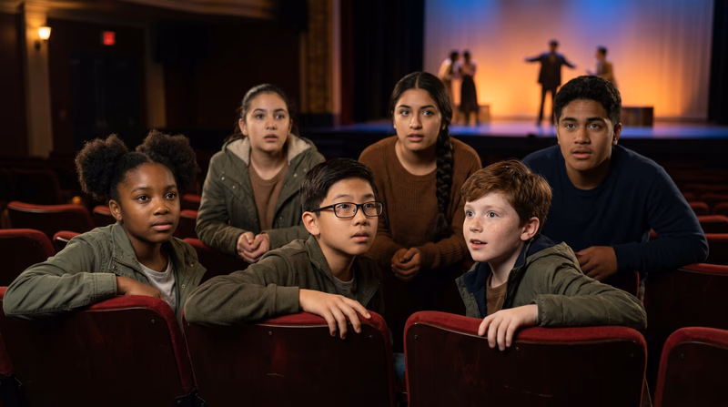 Teenagers sitting in theater seats watching a play, leaning forward with engaged expressions, stage visible in the background with warm lighting