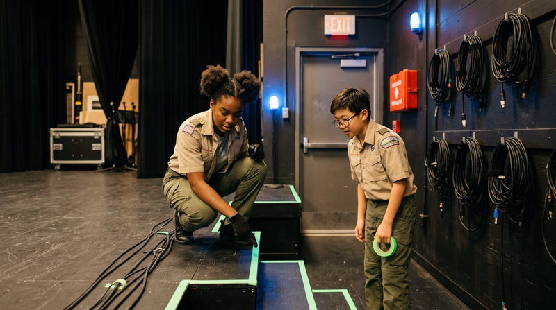 A well-organized backstage area with glow tape on step edges, clearly marked exits, a first-aid kit mounted on the wall, and neatly coiled cables