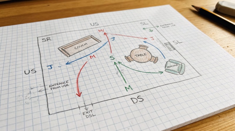A hand-drawn blocking diagram on graph paper showing a stage layout with arrows indicating actor movements, character initials, and furniture placement