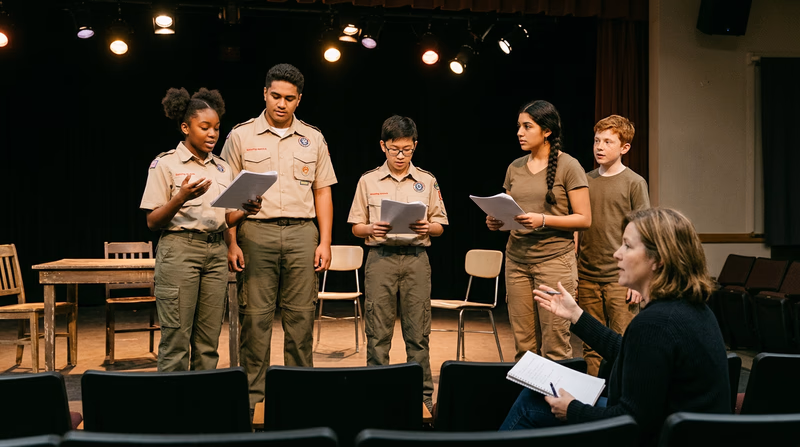 A diverse group of teenagers on a community theater stage during a rehearsal, some holding scripts, with a director gesturing from the front row
