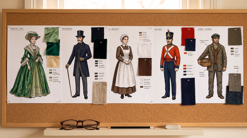 A set of five costume design sketches pinned to a cork board, showing characters from different social classes in a historical period, with fabric swatches and color notes attached