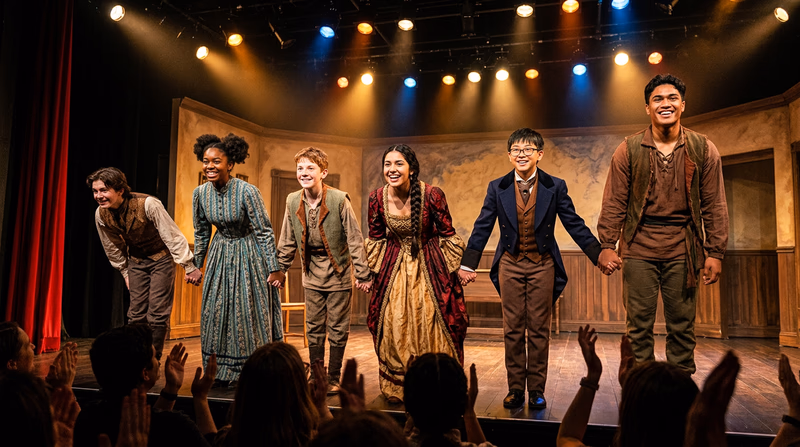 A group of teenage actors taking a curtain call on stage, smiling and bowing to the audience, with stage lights shining brightly