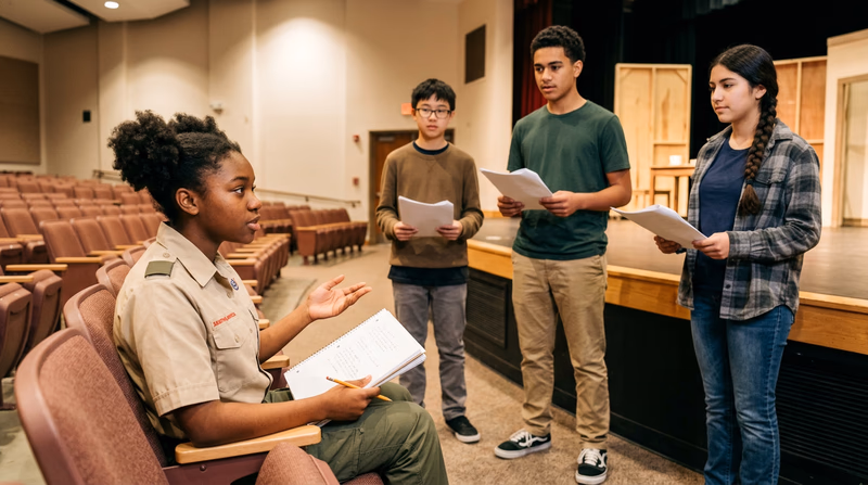 A teenage director sitting in the front row of an auditorium, notebook in hand, giving notes to actors standing on stage