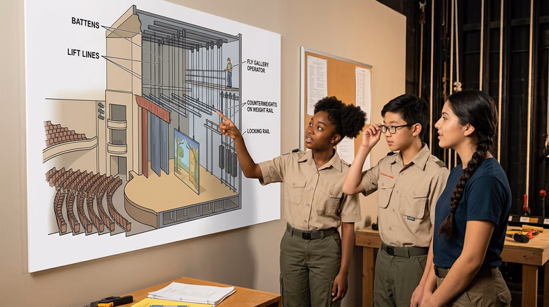 A cutaway side-view diagram of a theater showing the fly system above the stage with labeled battens, counterweights, and pulleys, with the stage and audience below