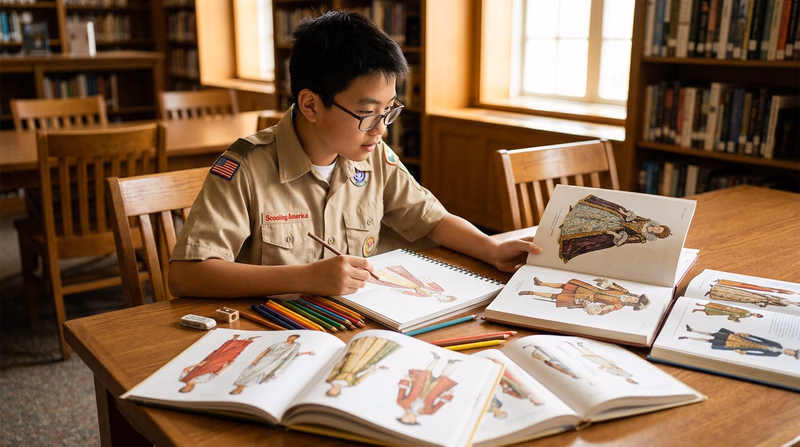 A Scout at a library table surrounded by open books showing historical clothing illustrations, with colored pencils and a sketchpad nearby