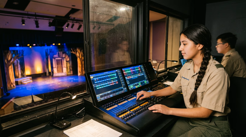 A teenager sitting at a computerized lighting control board in a darkened theater booth, the stage visible through a window with colorful lighting on the set
