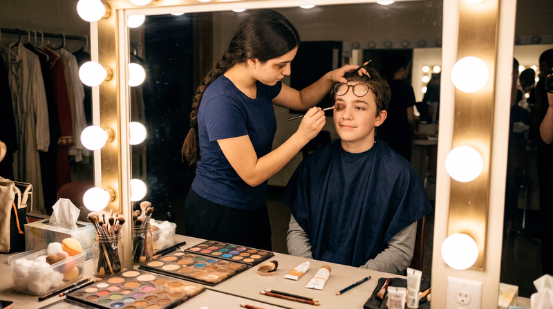 A teenager applying stage makeup to a friend's face at a makeup table with a lighted mirror, makeup brushes and palettes visible