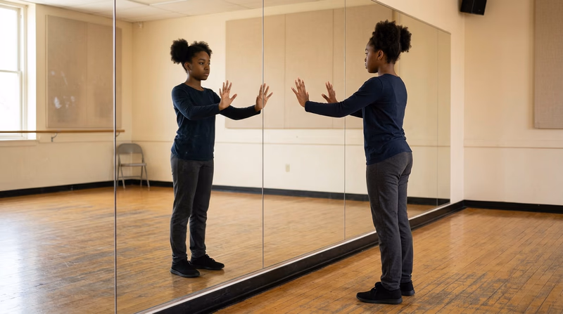A Scout practicing mime techniques in front of a mirror in a rehearsal room, showing the fixed point technique with hands pressed against an invisible wall