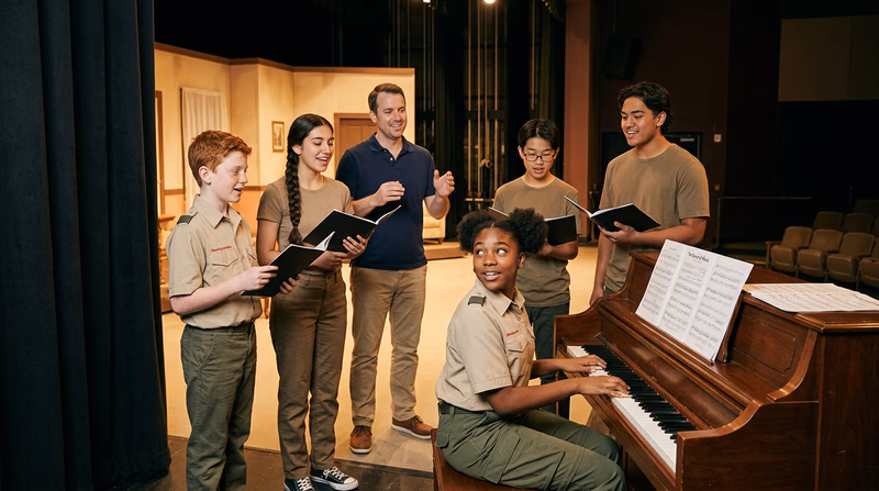 A teenager sitting at an upright piano on a stage, leading a small group of cast members in a vocal rehearsal, sheet music spread across the piano top