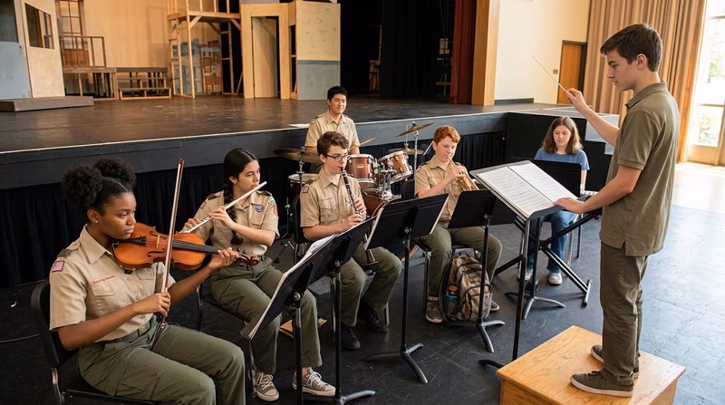 A small pit orchestra of teenagers with various instruments rehearsing in front of a stage, a conductor standing with a baton, sheet music on stands