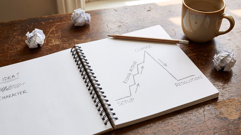 A notebook open on a desk showing a hand-drawn story arc diagram with labels for setup, rising action, climax, and resolution, with a pencil and coffee mug nearby
