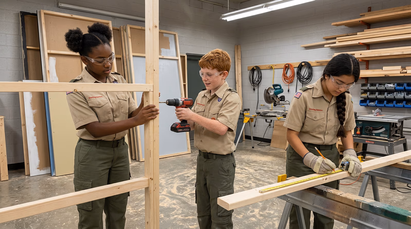 Teenagers in a scene shop building a flat, one holding lumber while another uses a drill, with partially completed scenery pieces visible around them
