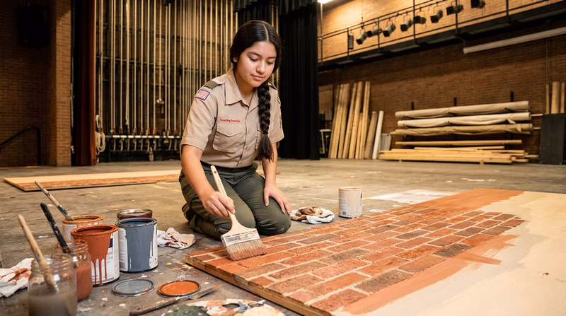 A teenager painting a large scenic flat on the floor, using a long-handled brush to create a brick wall texture, paint cans and brushes nearby