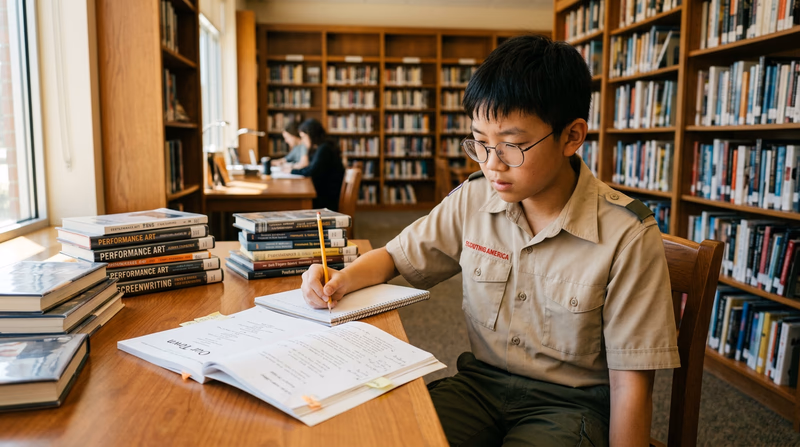 A Scout sitting in a library with an open play script and a notebook, writing a review with a pencil, bookshelves visible in the background