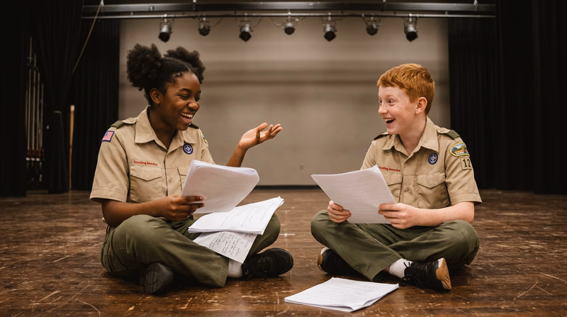 Two Scouts sitting cross-legged on a stage reading from a script together, laughing and gesturing, with stage lights dimly visible above