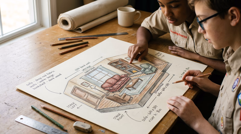A hand-drawn set design sketch showing a living room stage layout with labeled furniture, doors, and windows, drawn from a three-quarter perspective view