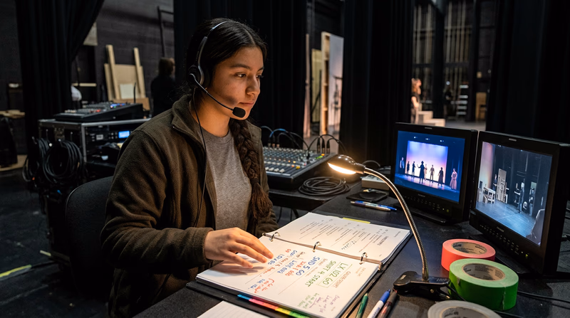 A stage manager wearing a headset, sitting at a desk backstage with a calling script open, a small desk lamp illuminating the pages, monitors showing the stage visible nearby